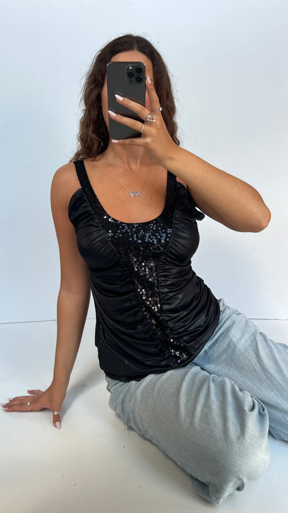 00s black ruched sequin top- size L