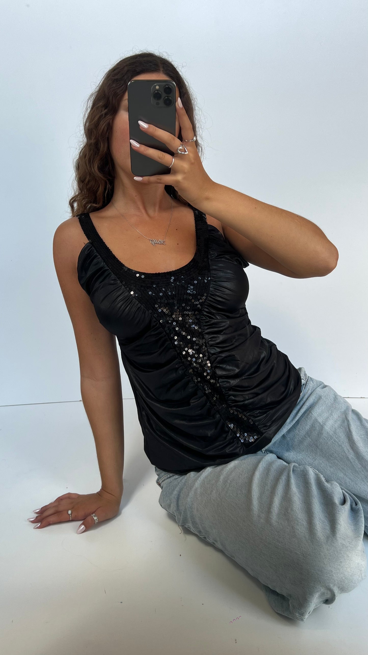 00s black ruched sequin top- size L