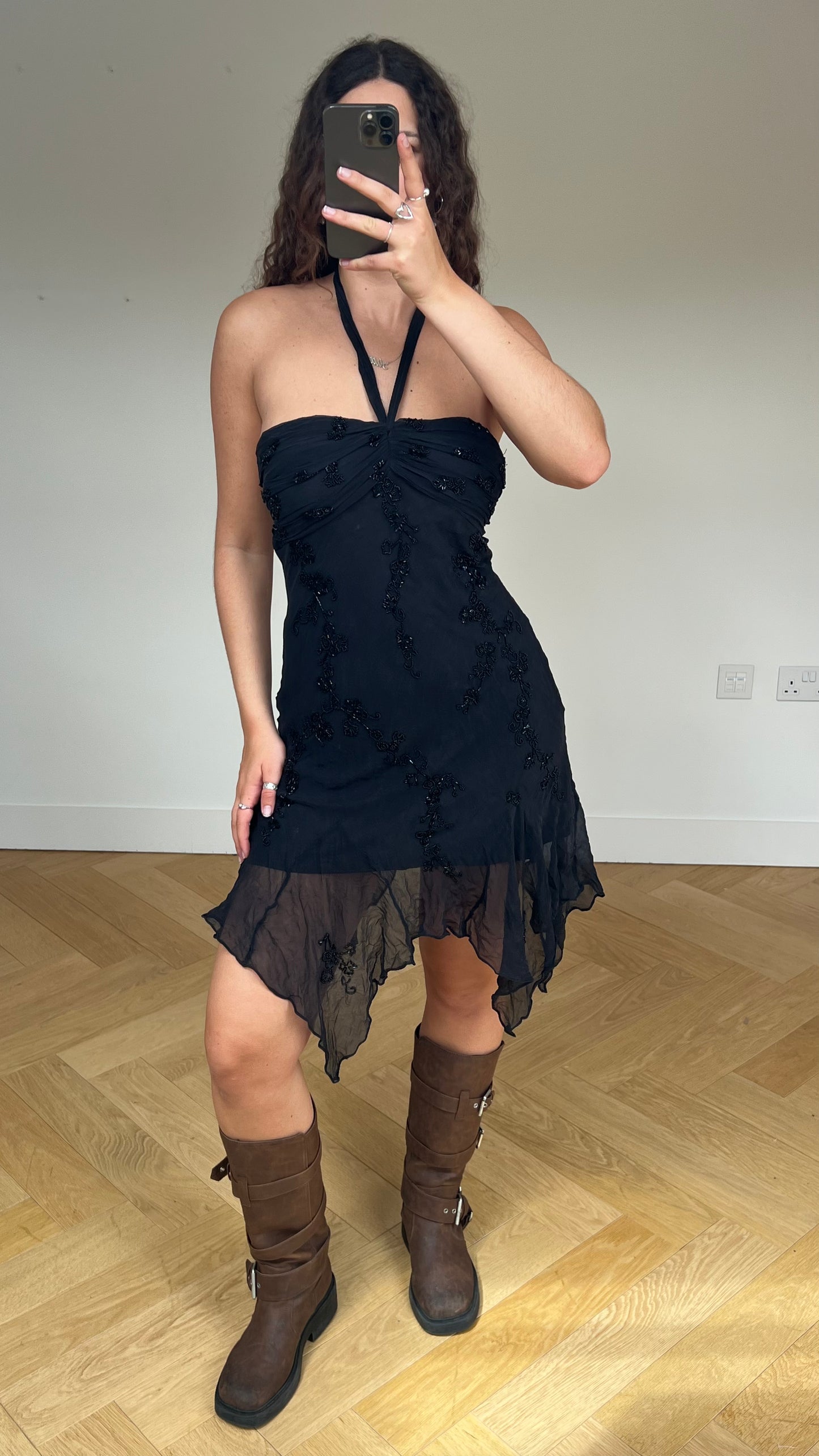 00s black beaded midi dress- size M