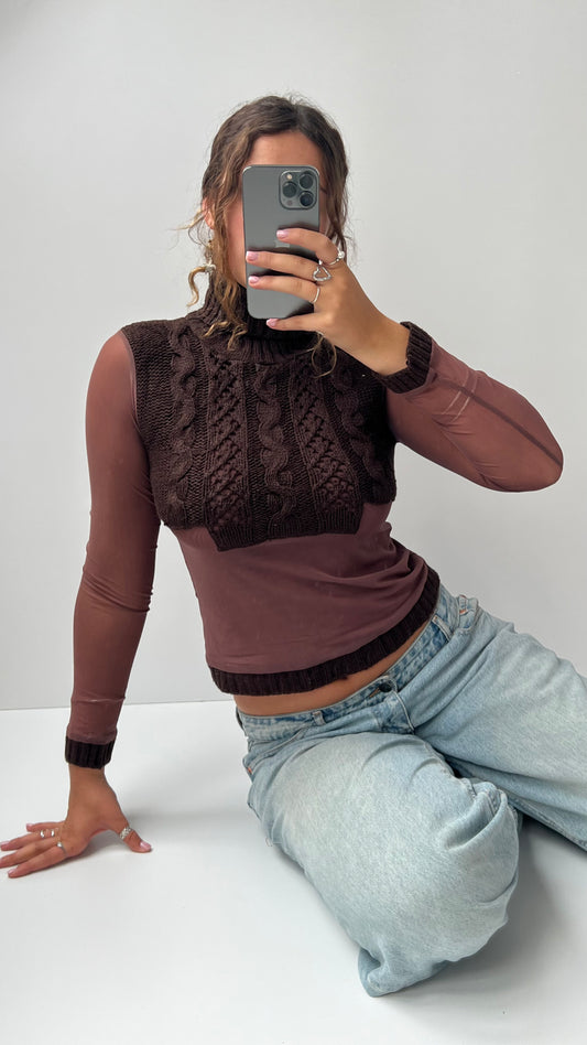 00s brown mesh knit long sleeve top- size S