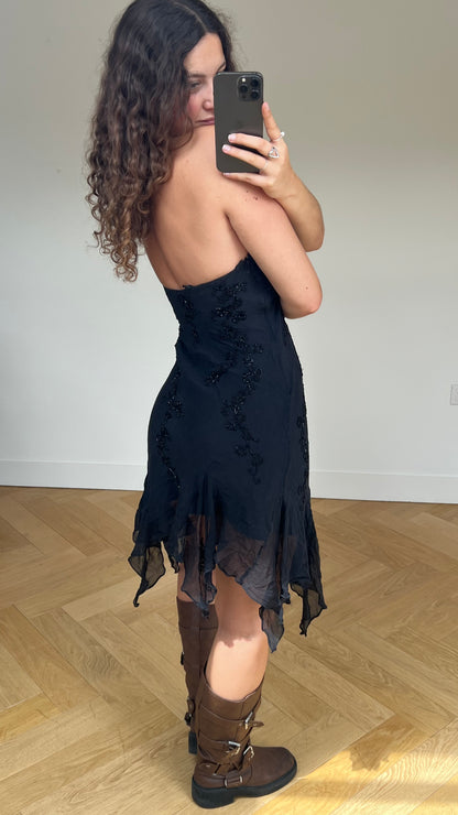 00s black beaded midi dress- size M