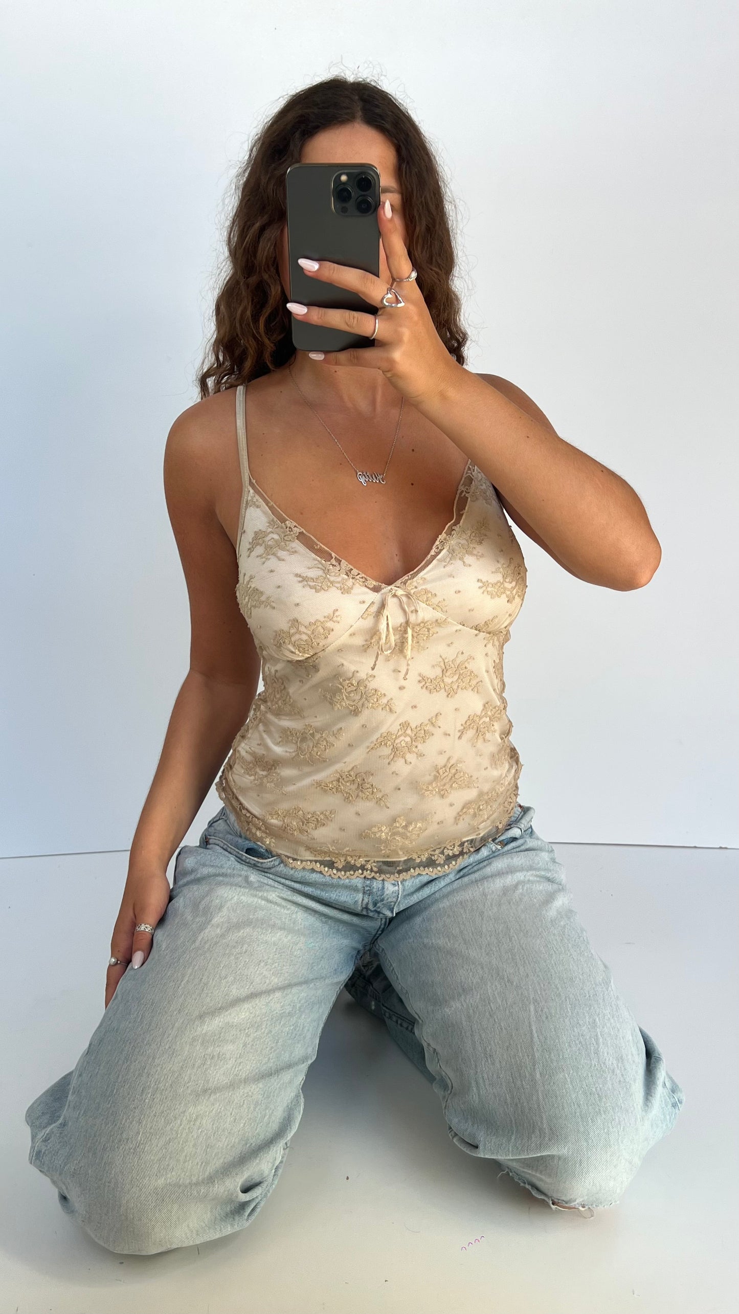 00s white gold lace cami- size M