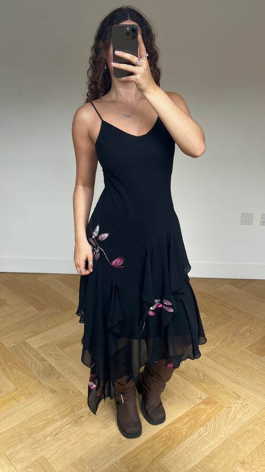 00s black pink floral maxi dress- size S/M
