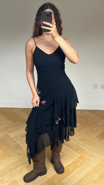 00s black pink floral maxi dress- size S/M