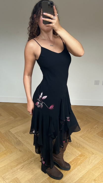 00s black pink floral maxi dress- size S/M