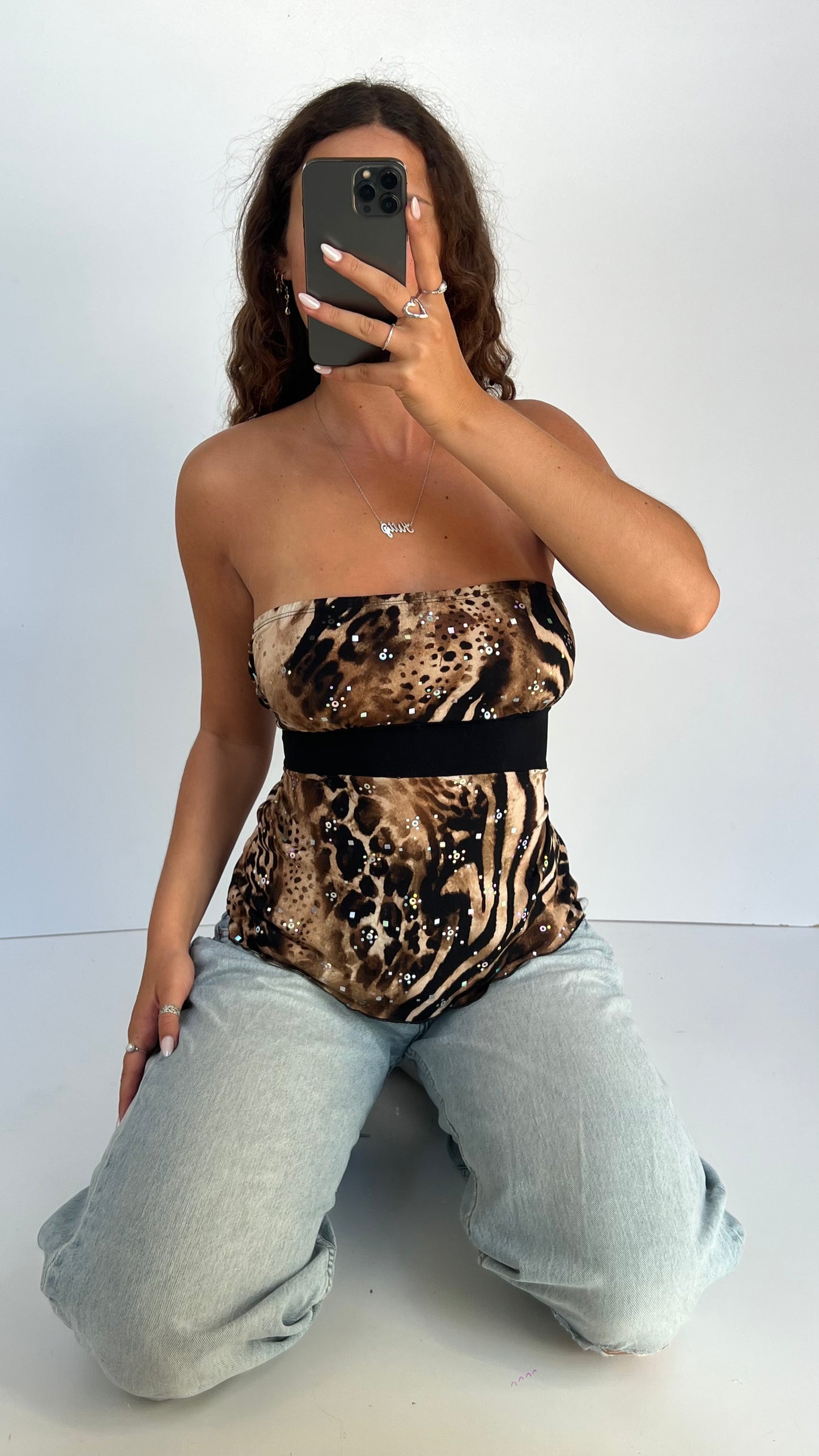 00s brown animal print top- size L