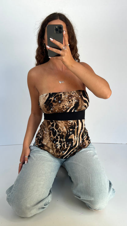 00s brown animal print top- size L
