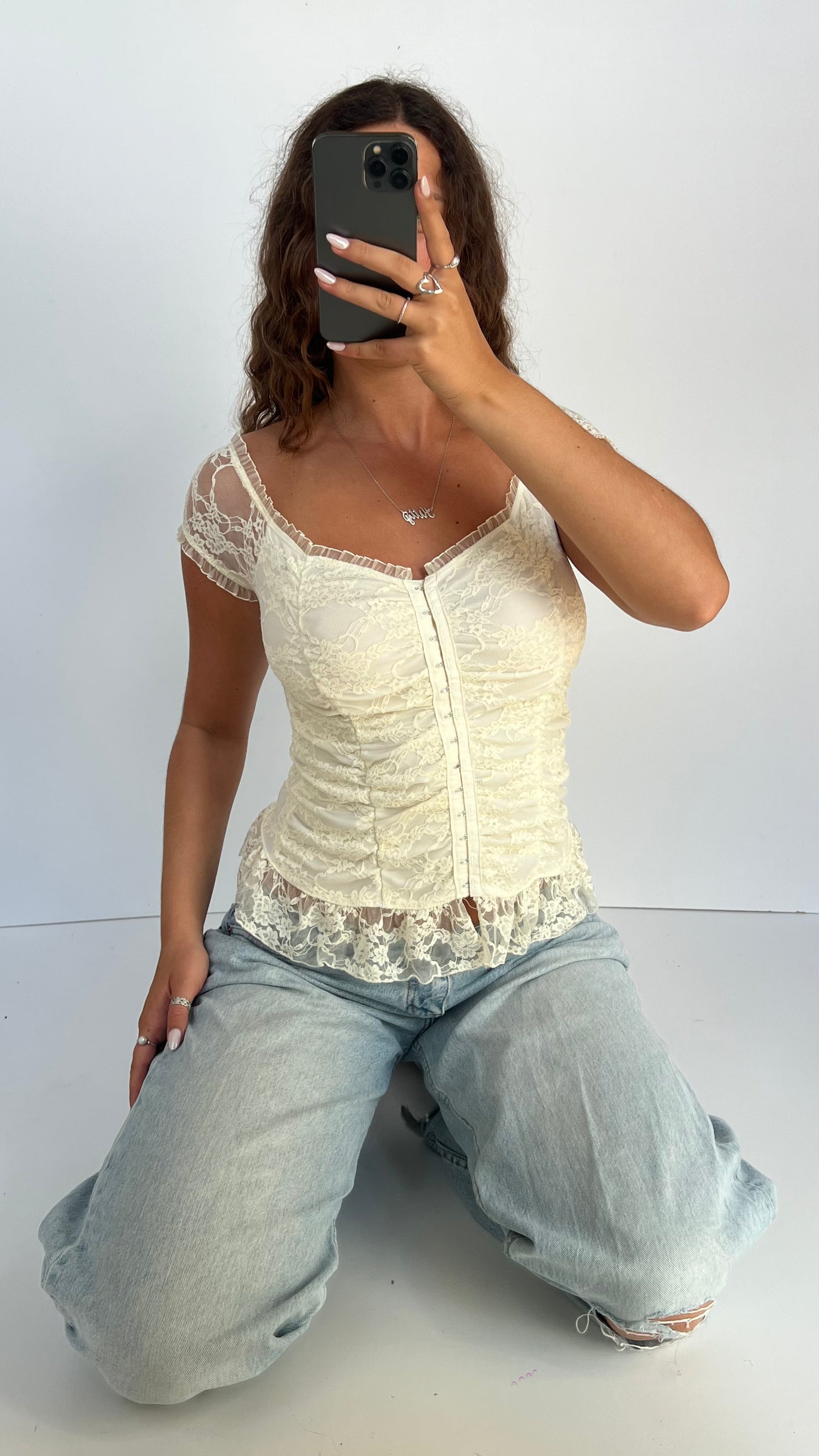 00s white lace top- size M