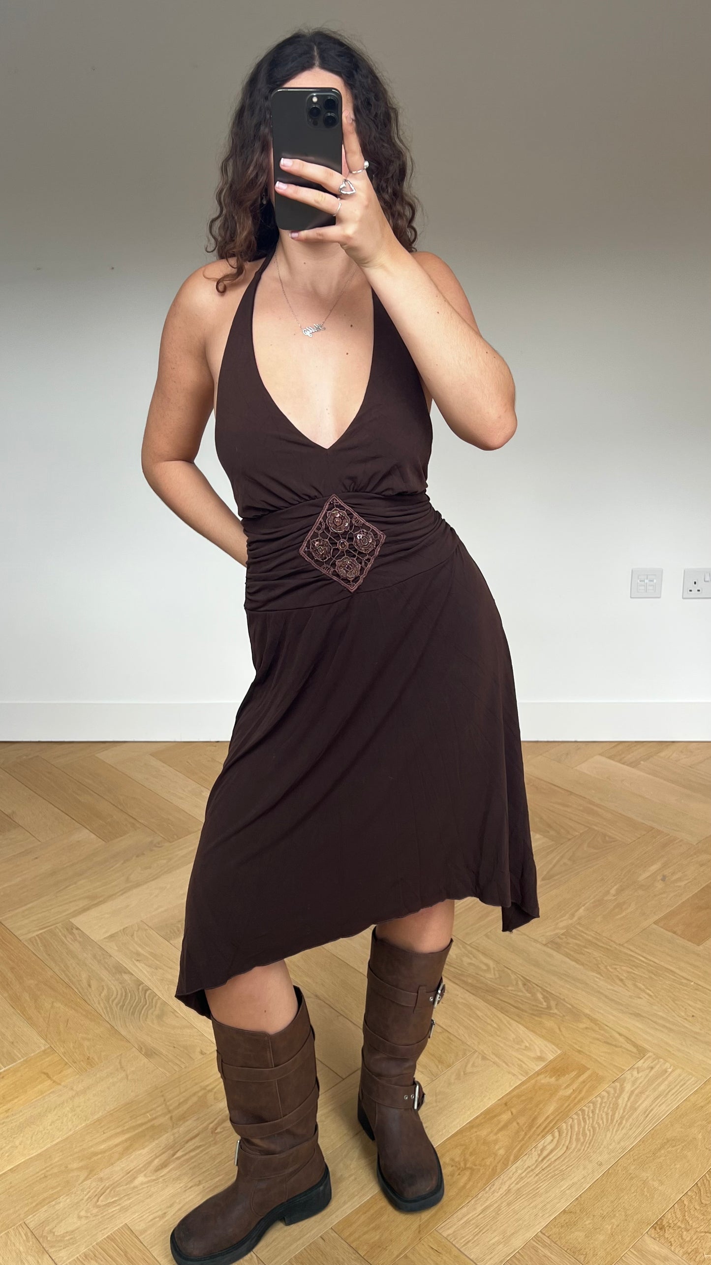 00s brown beaded midi dress- size XL