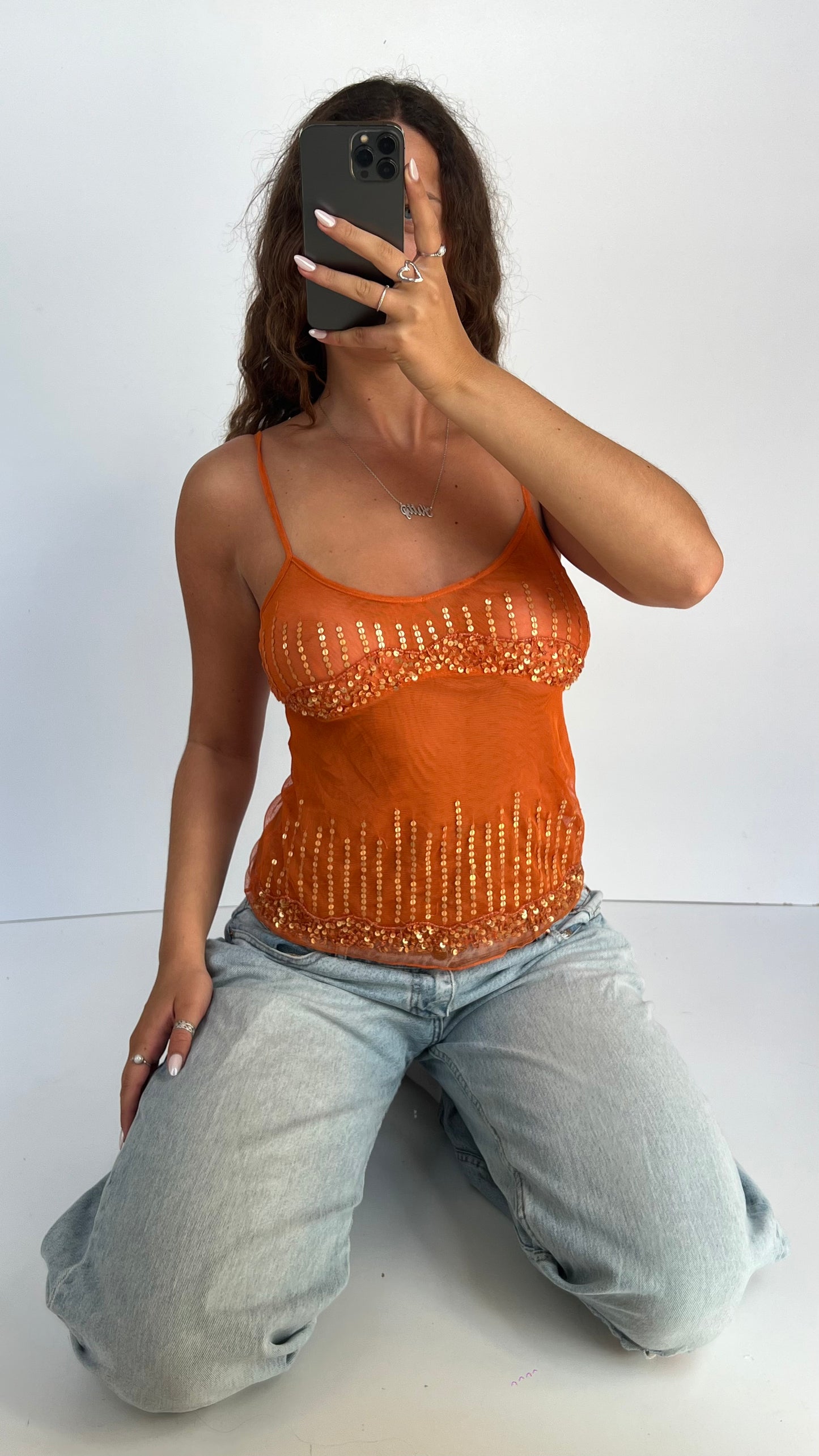 00s orange mesh sequin cami- size S