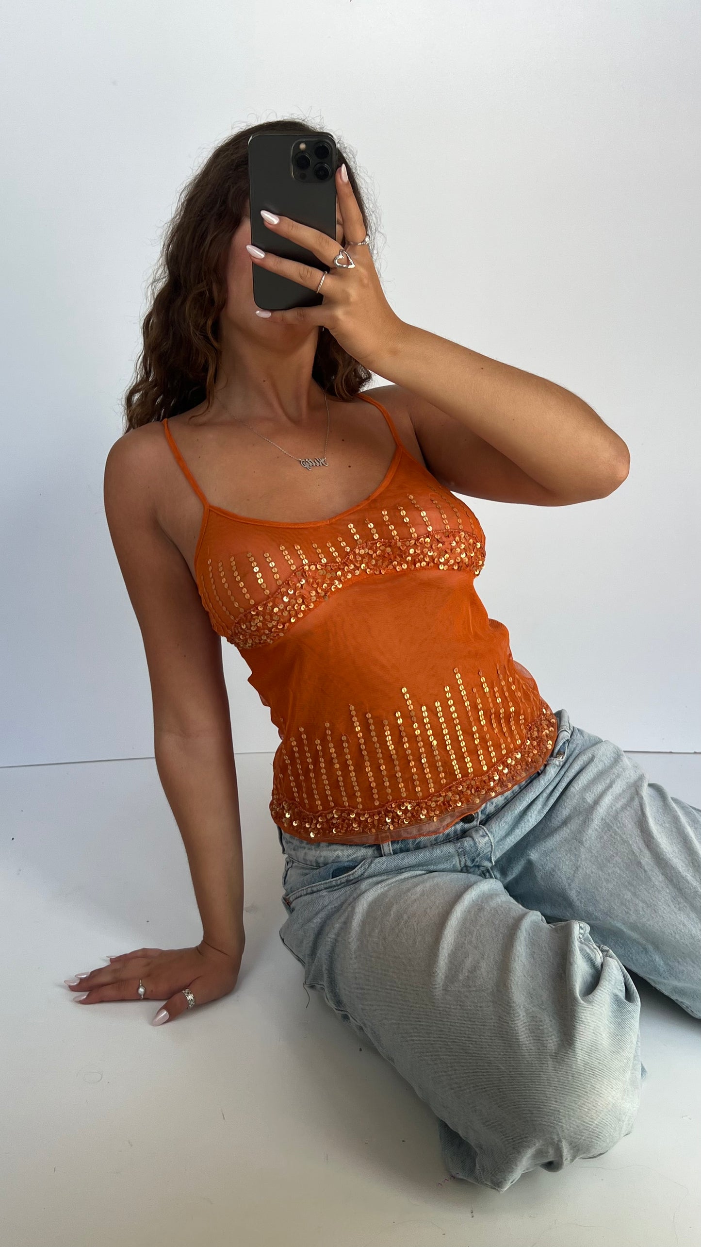 00s orange mesh sequin cami- size S