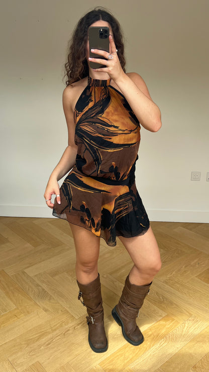 00s brown orange mini dress- size S