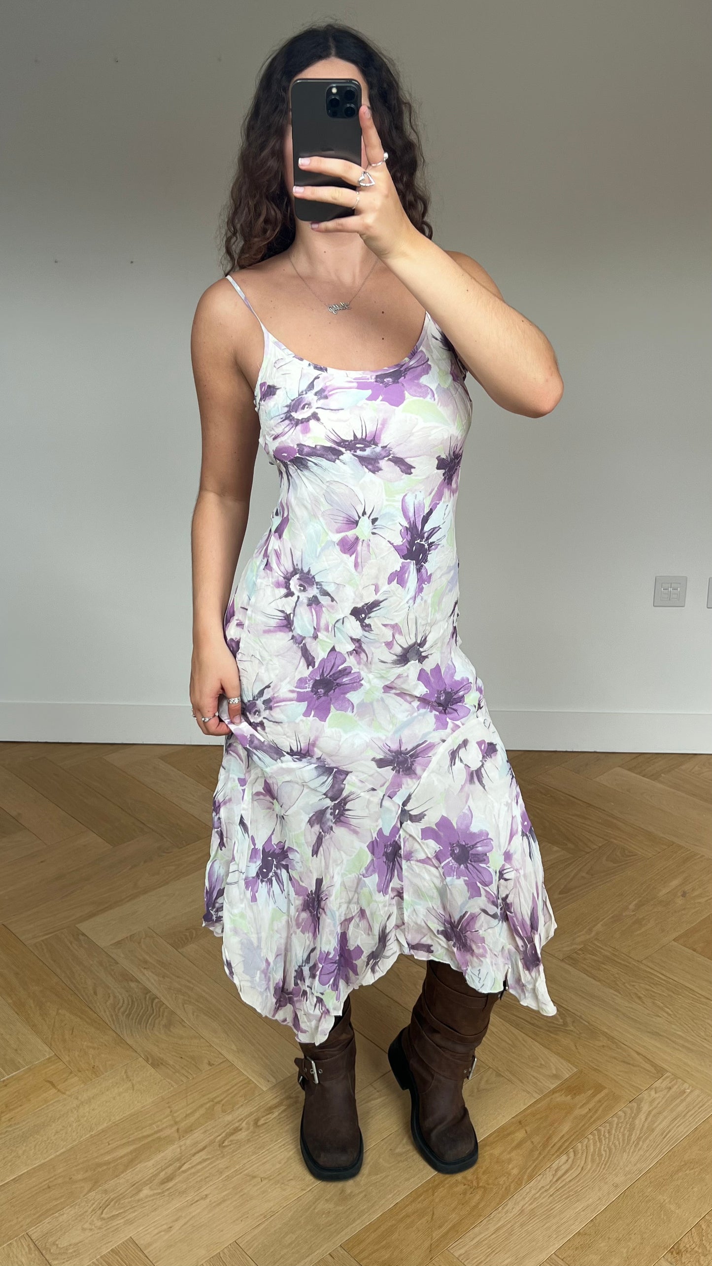 00s cream purple floral maxi dress- size S