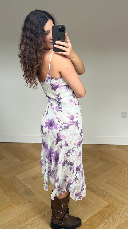 00s cream purple floral maxi dress- size S