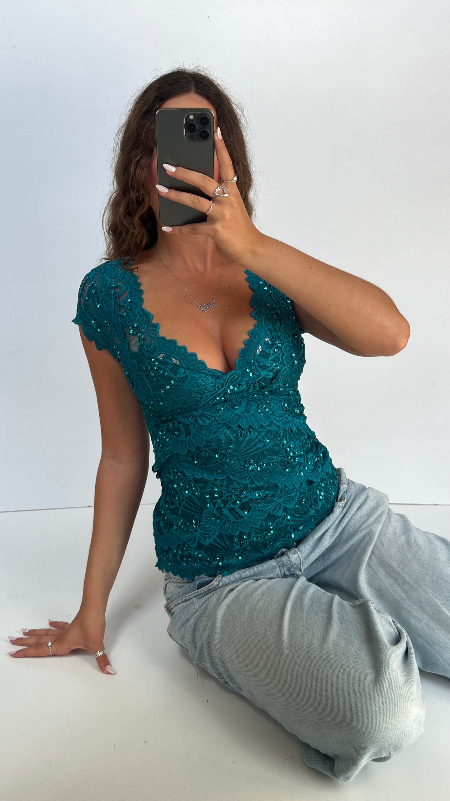 00s blue sequin lace top- size XS