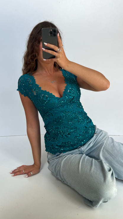 00s blue sequin lace top- size XS