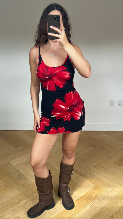00s black red floral dress- size S/M