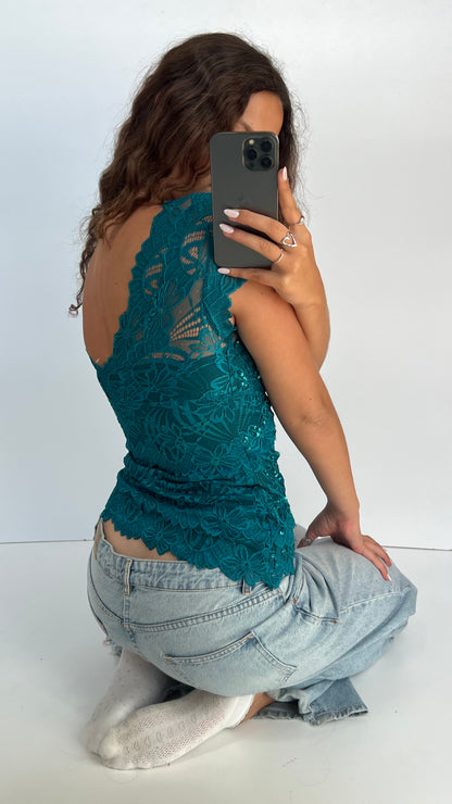 00s blue sequin lace top- size XS