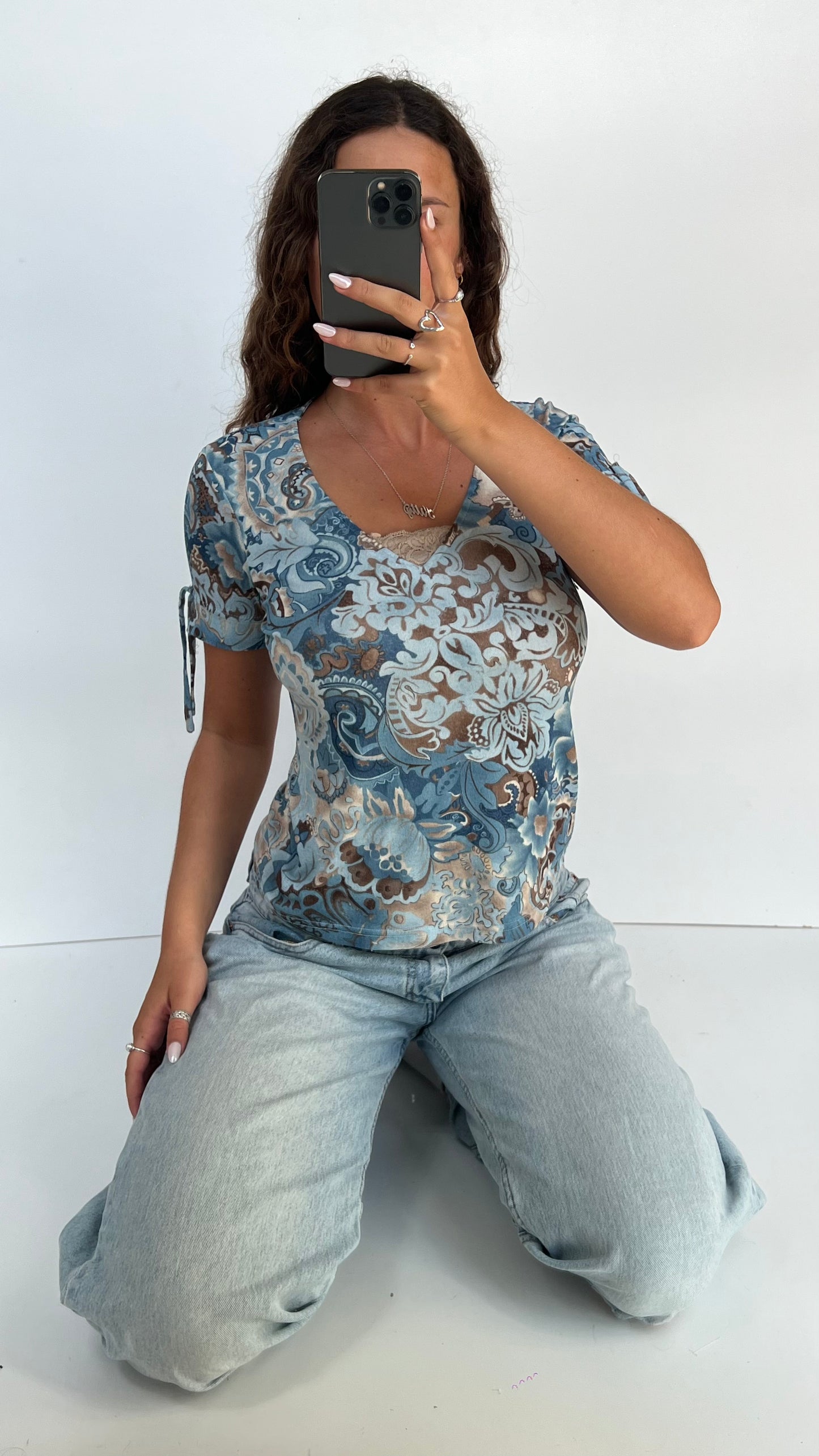 00s blue mesh babydoll top- size L