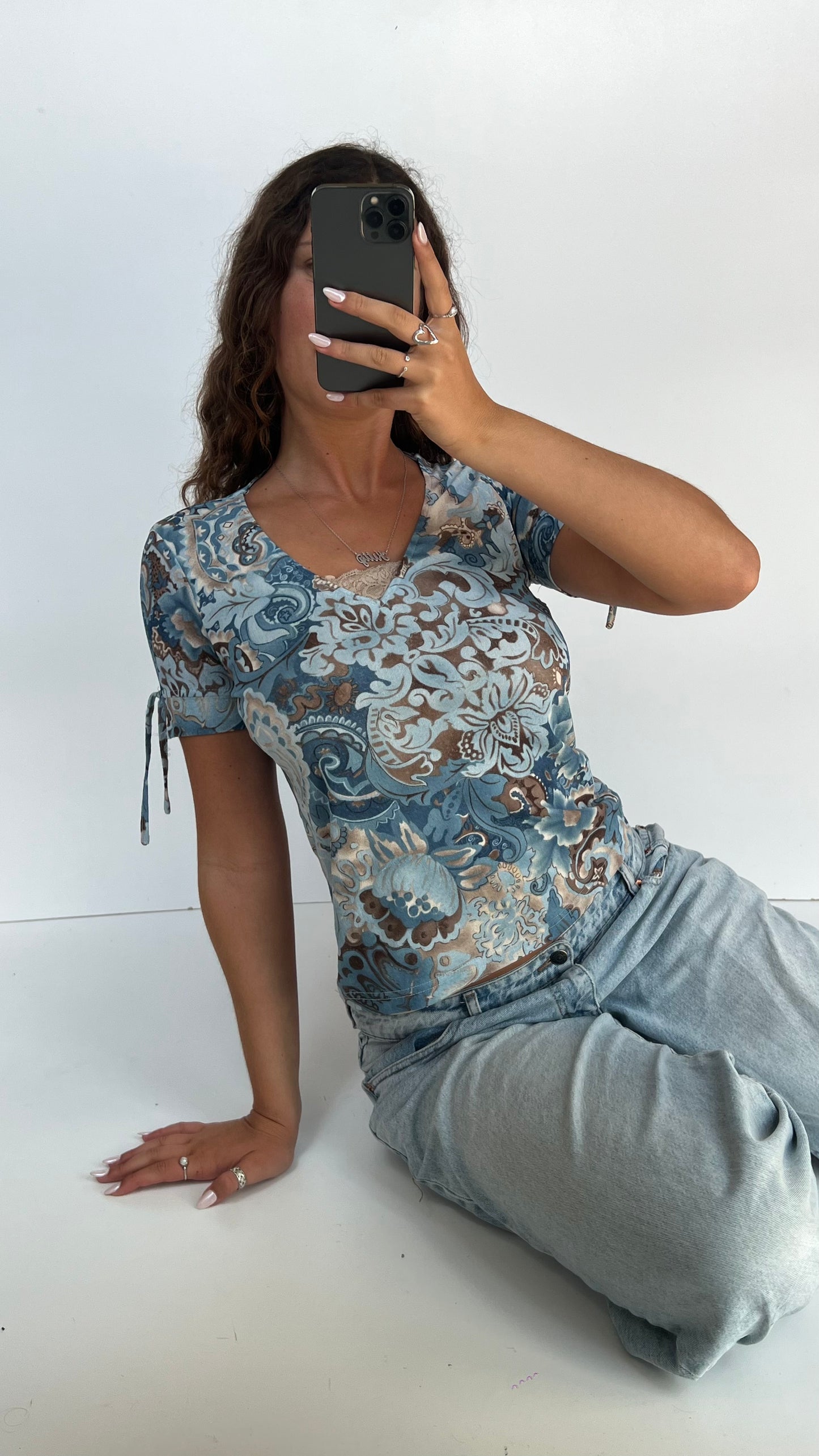 00s blue mesh babydoll top- size L