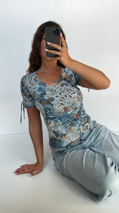00s blue mesh babydoll top- size L