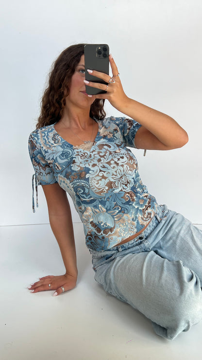 00s blue mesh babydoll top- size L