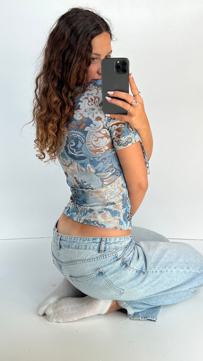 00s blue mesh babydoll top- size L