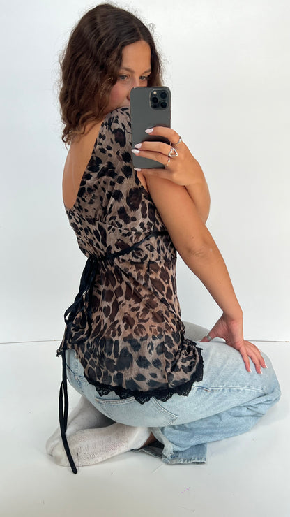 00s leopard print mesh top- size M