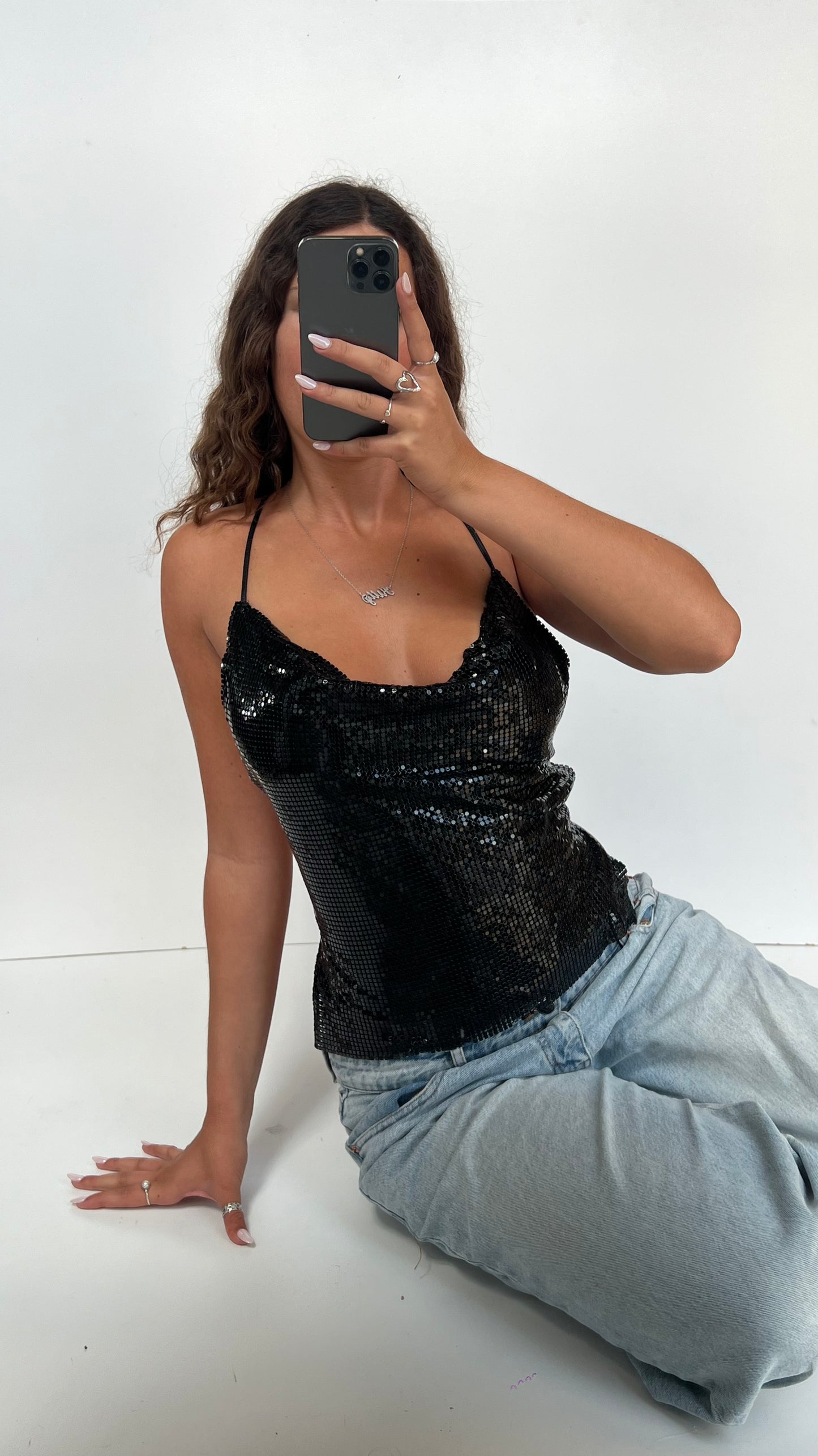 00s black chainmail backless cami- one size