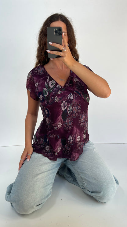 00s purple mesh floral top- size L