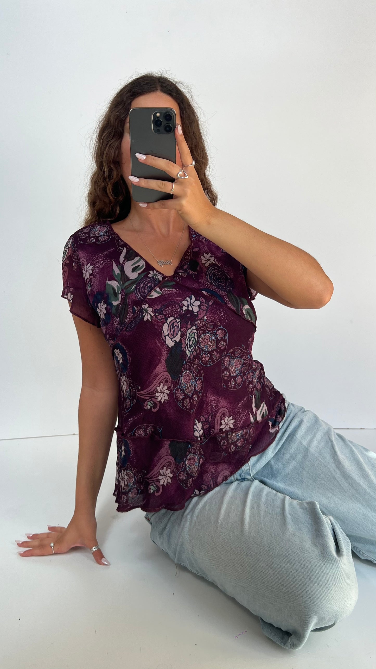 00s purple mesh floral top- size L
