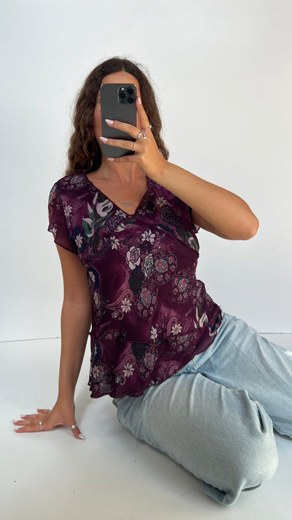 00s purple mesh floral top- size L