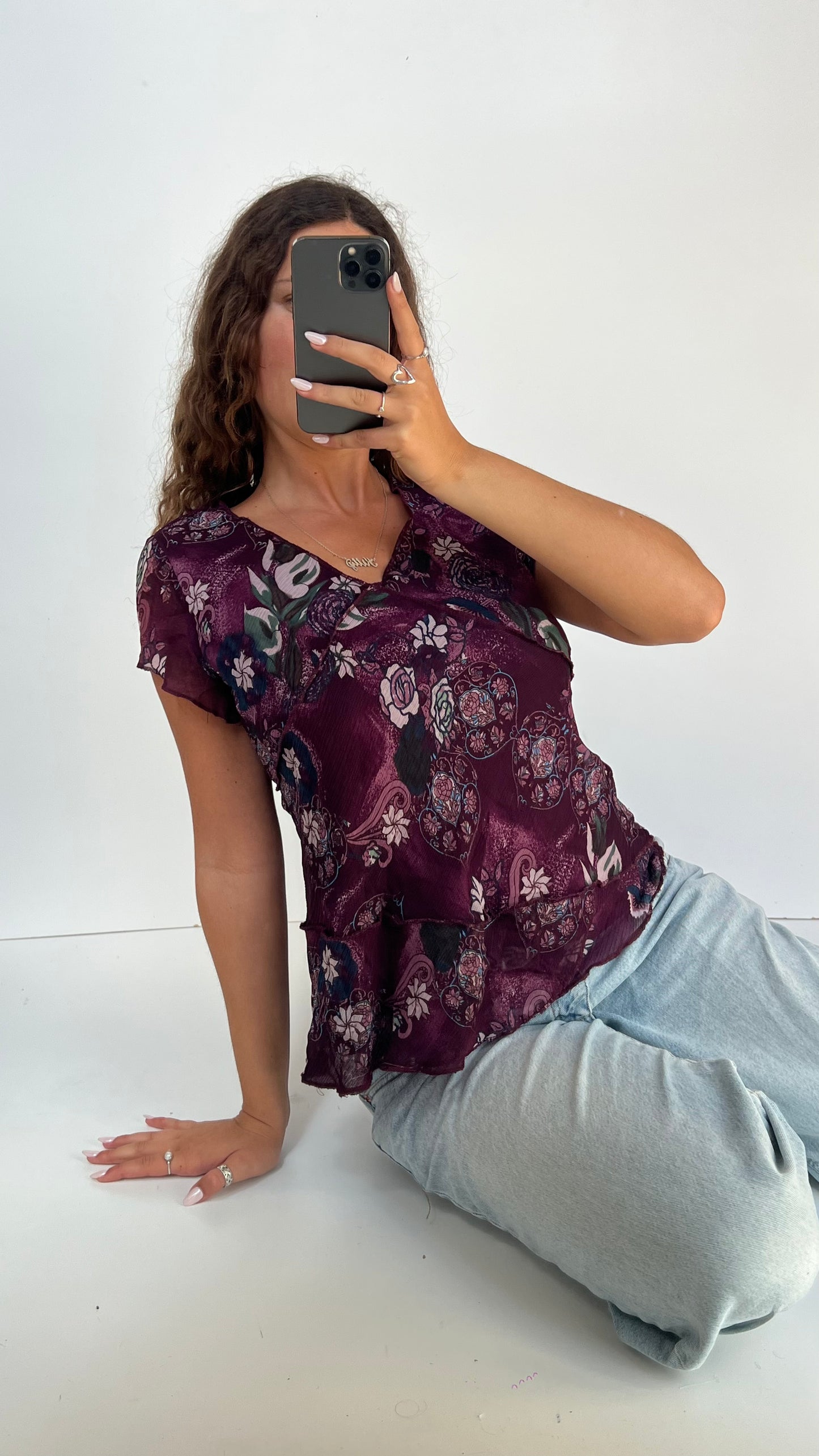 00s purple mesh floral top- size L