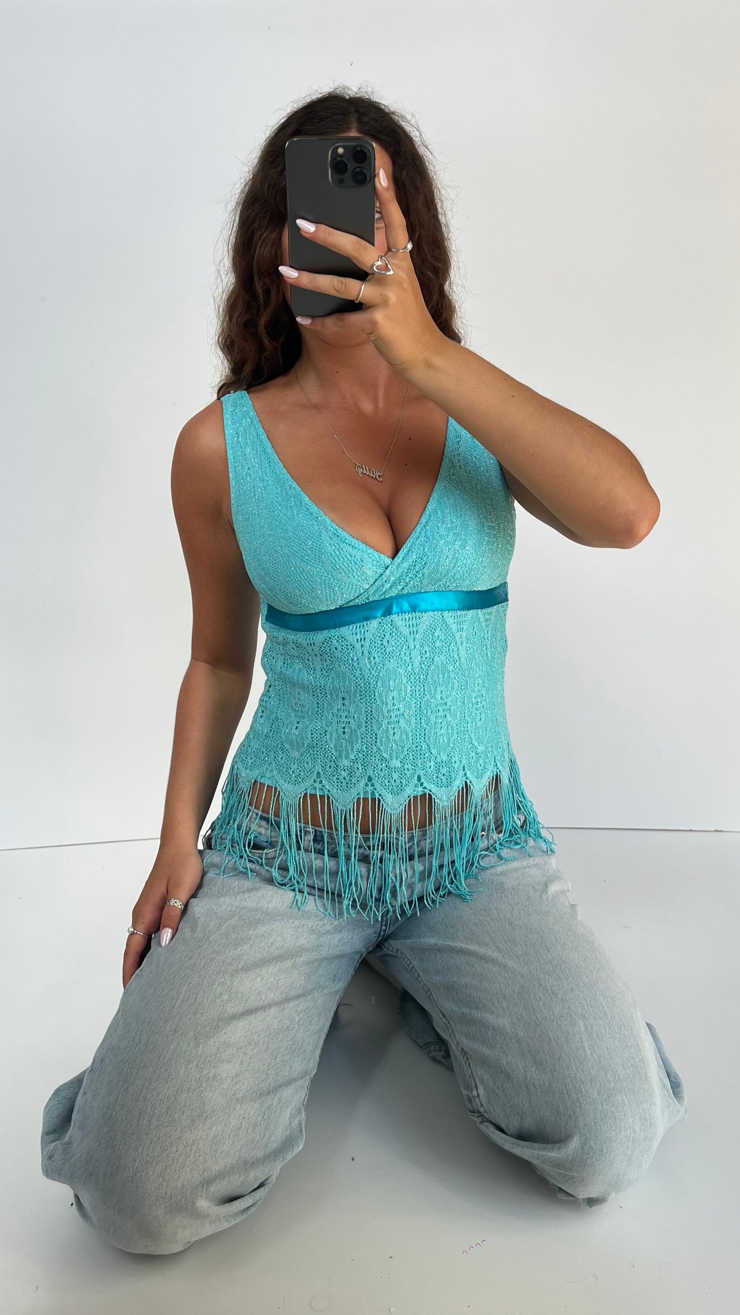 00s blue crochet fringe top- size S