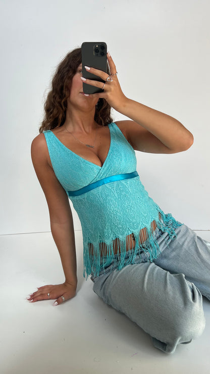 00s blue crochet fringe top- size S