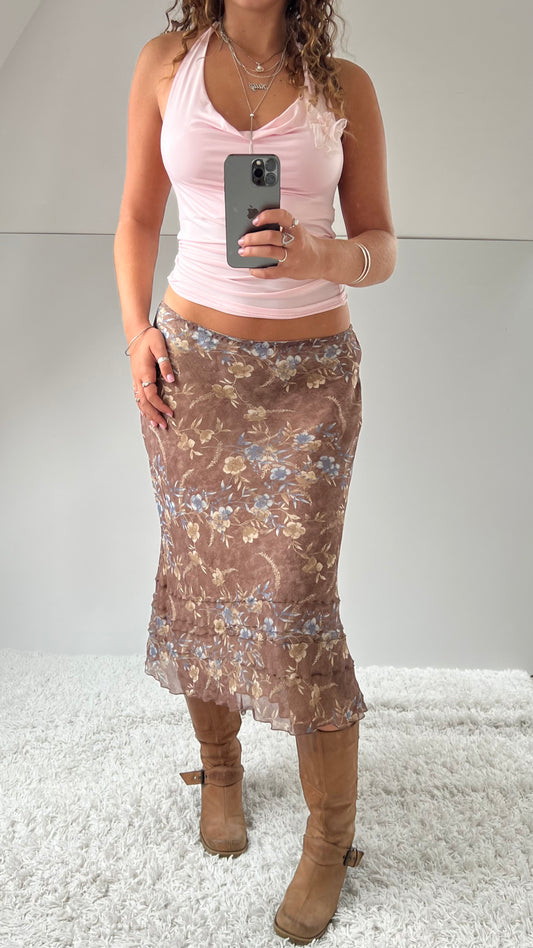 00s brown floral mesh midi skirt- size S/M