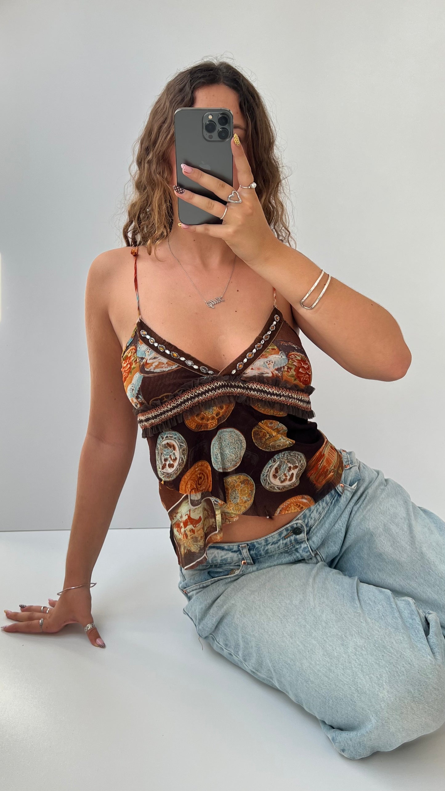 00s brown orange mesh patterned cami- size M