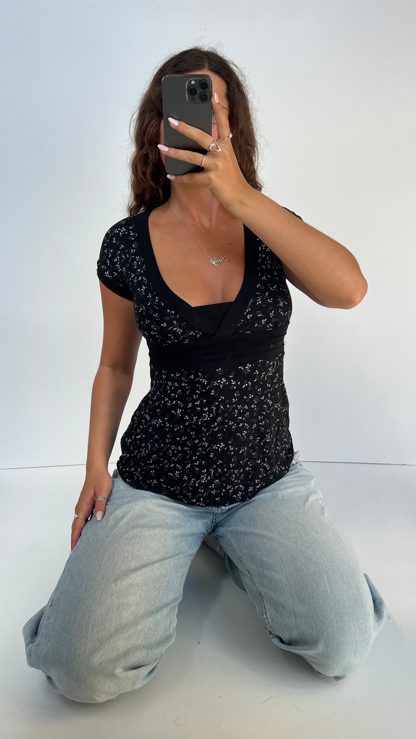 00s black floral top- size M