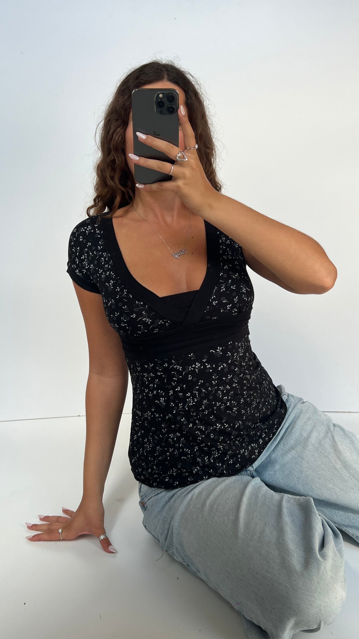 00s black floral top- size M