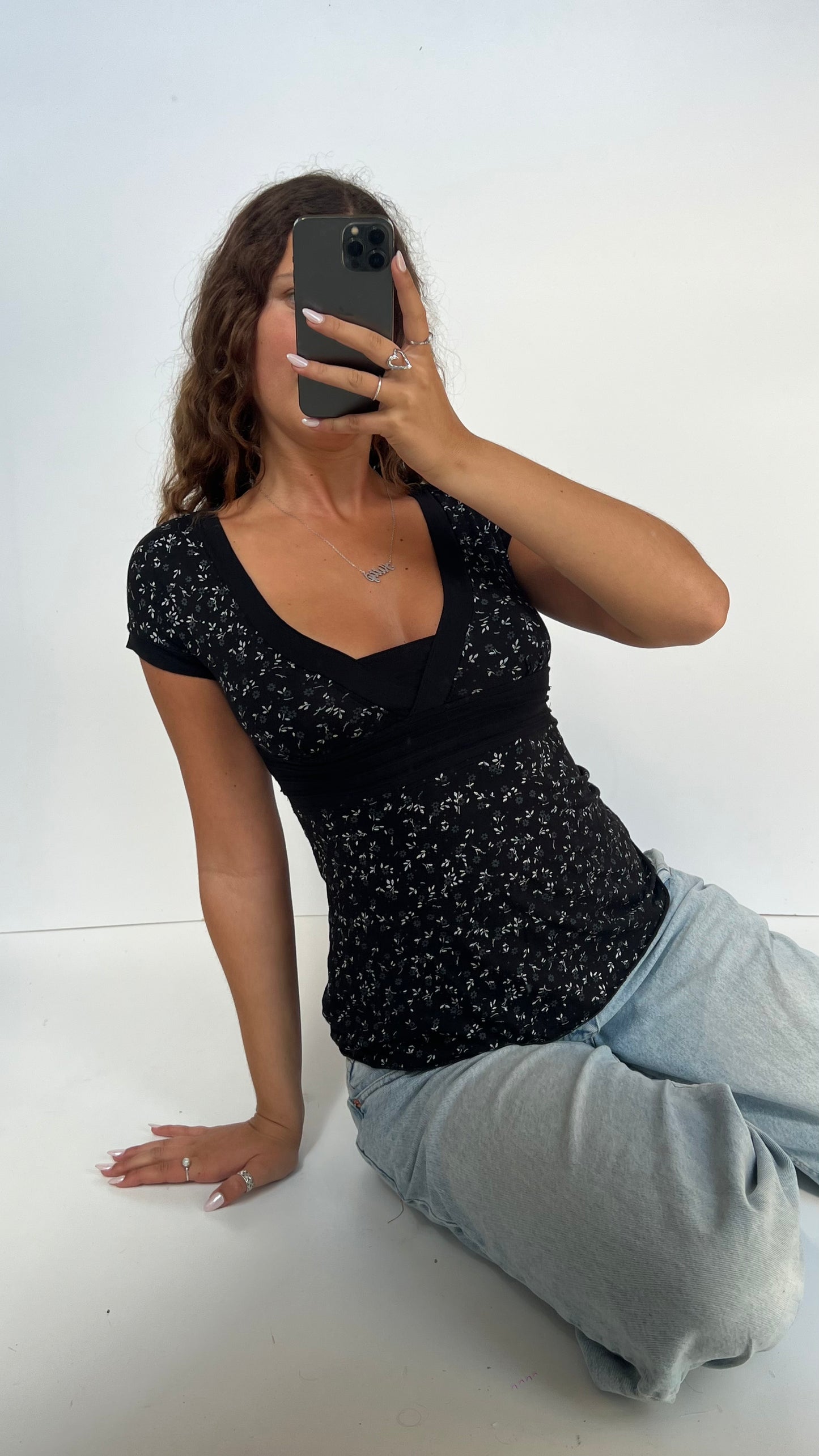 00s black floral top- size M