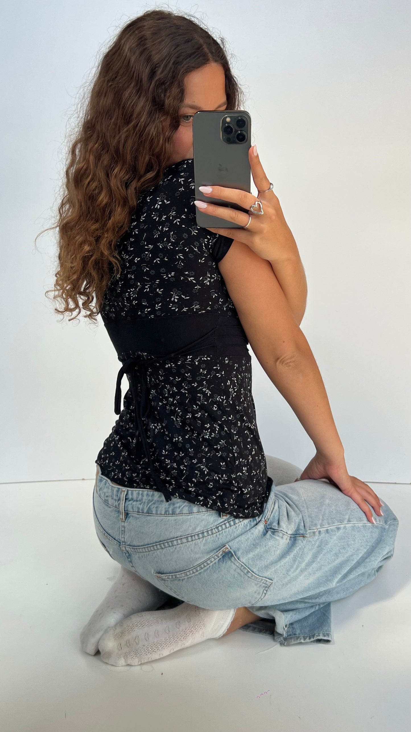 00s black floral top- size M