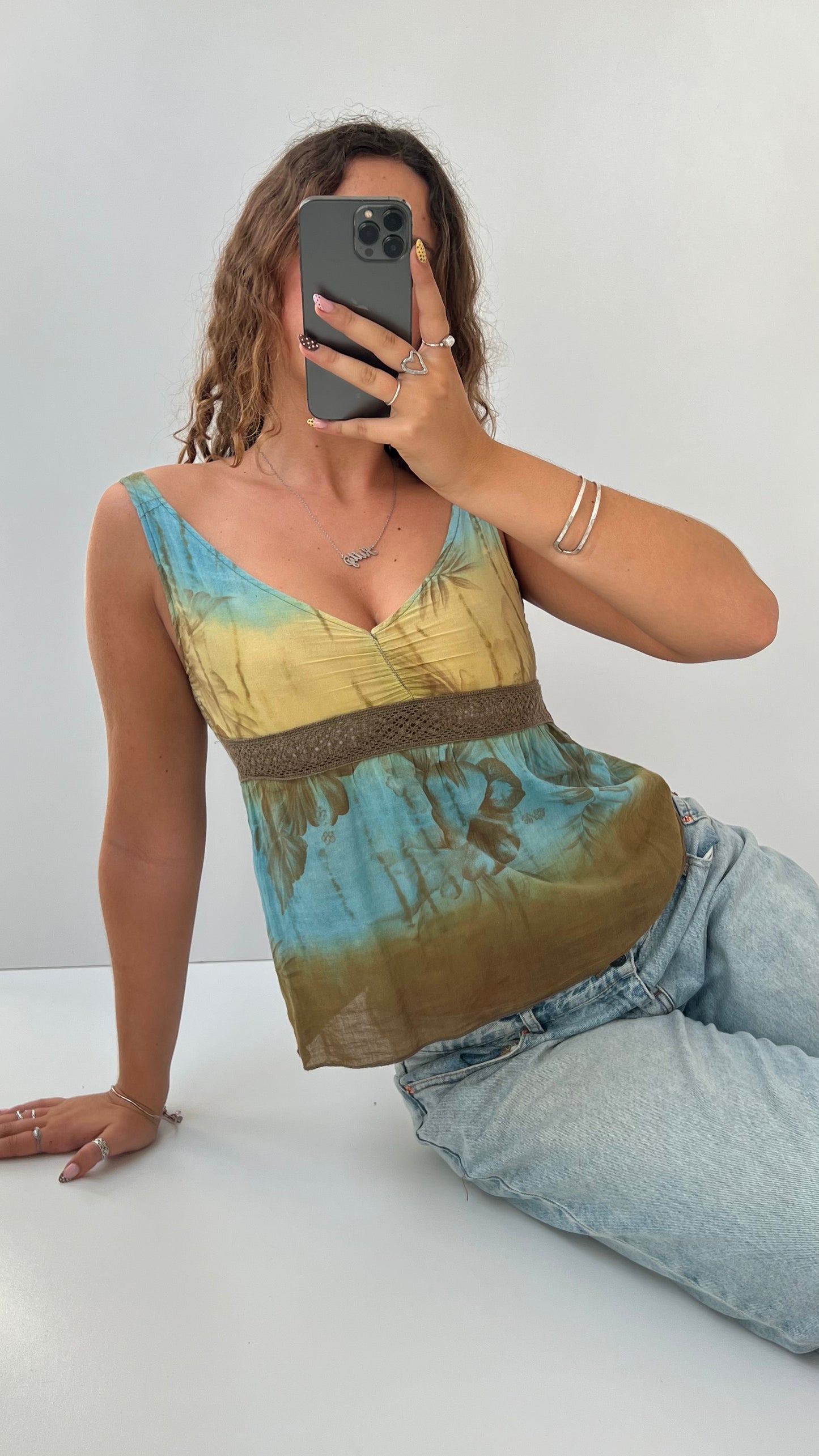 00s blue floral crochet cami- size S