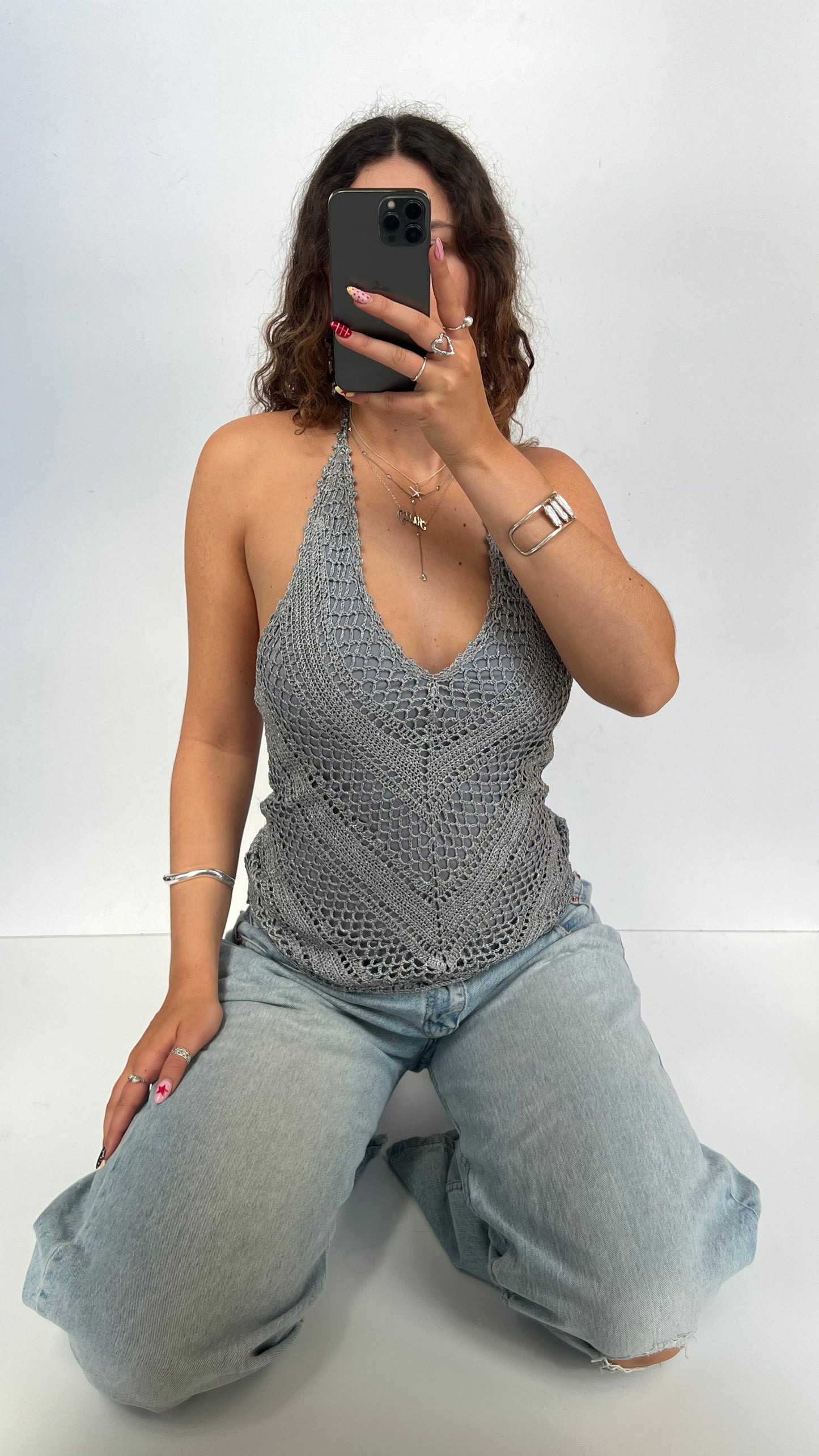 00s grey crochet halter cami- size M