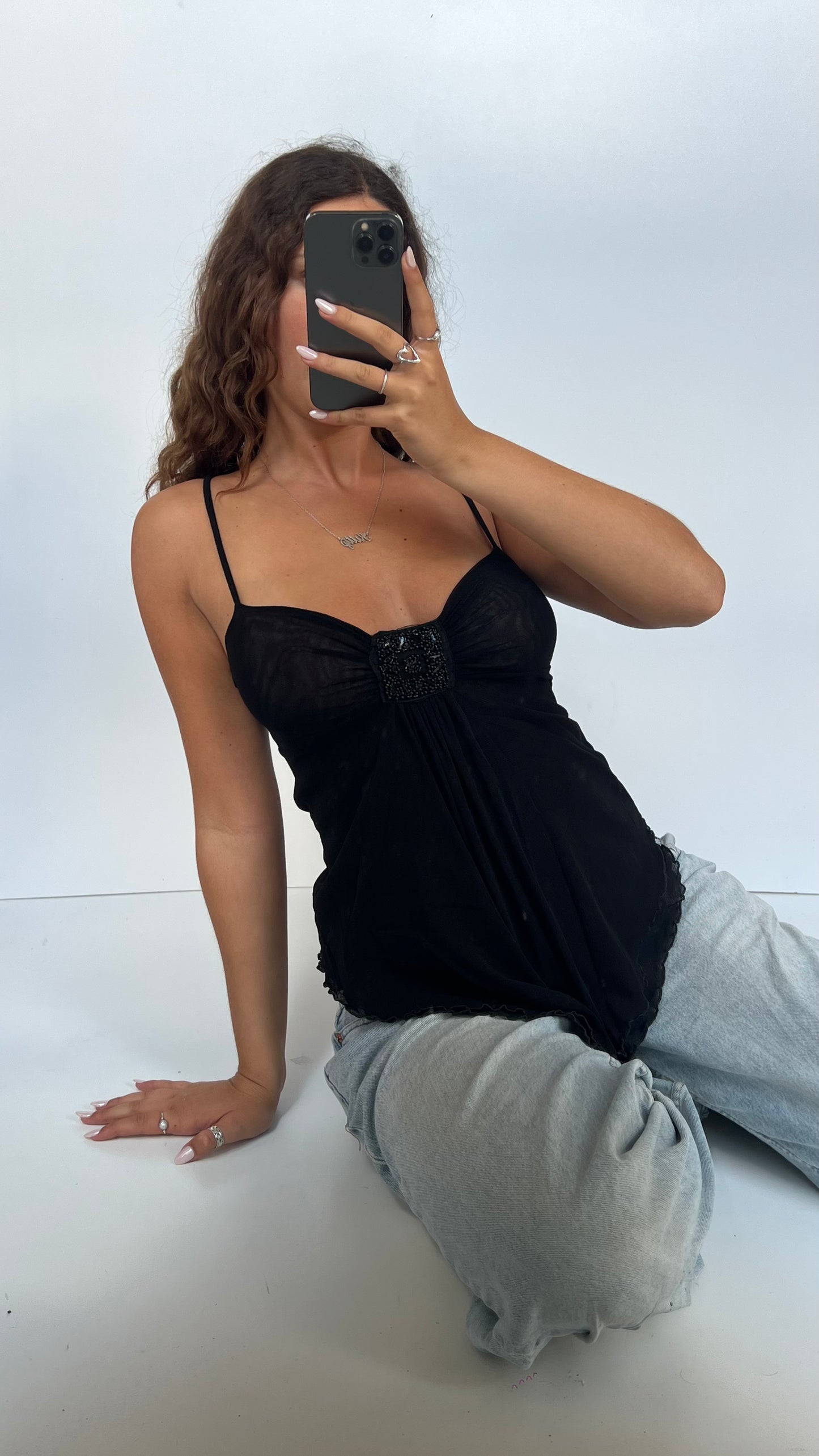 00s black mesh babydoll cami- size M