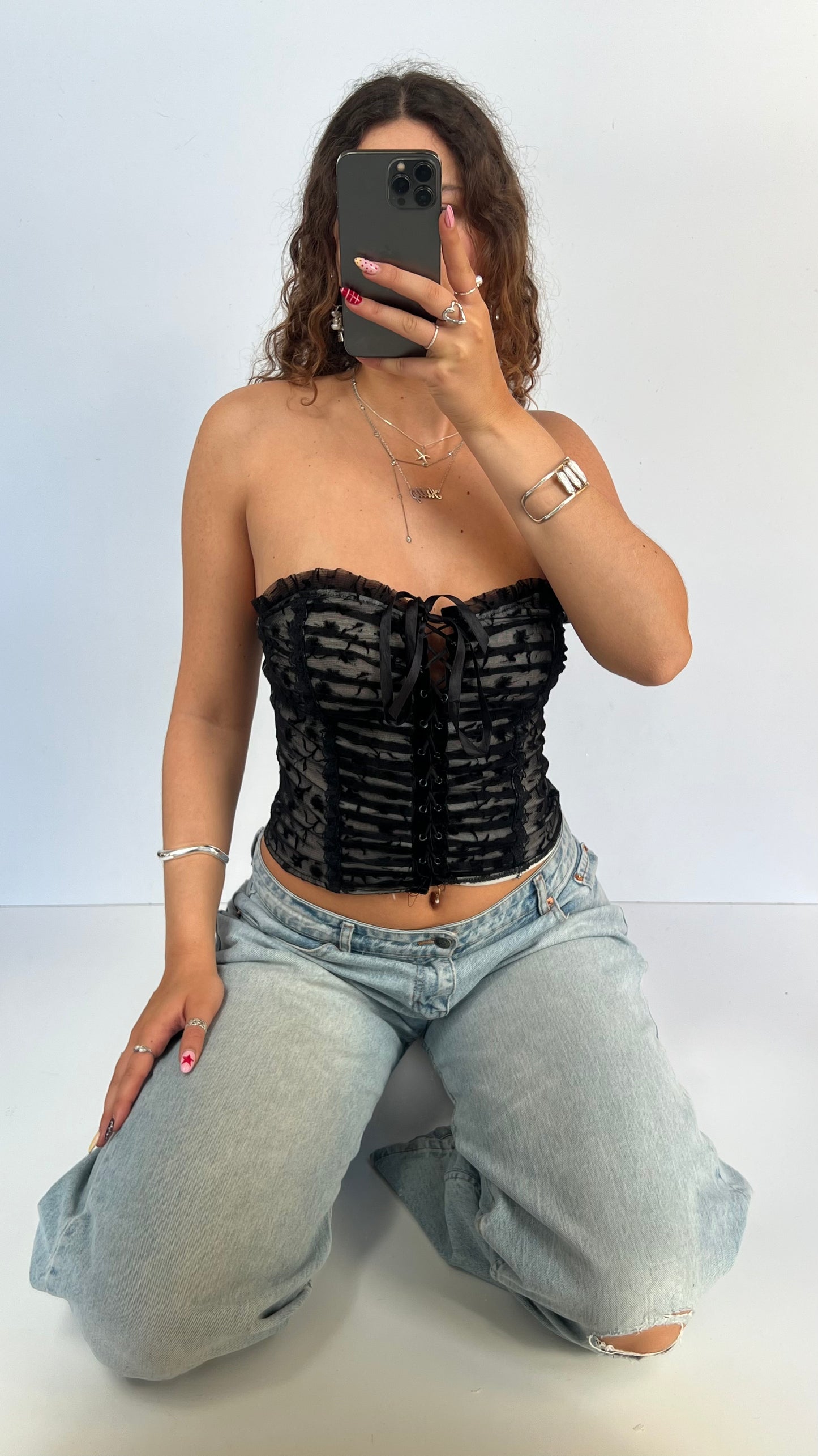 00s black mesh velvet top- size S