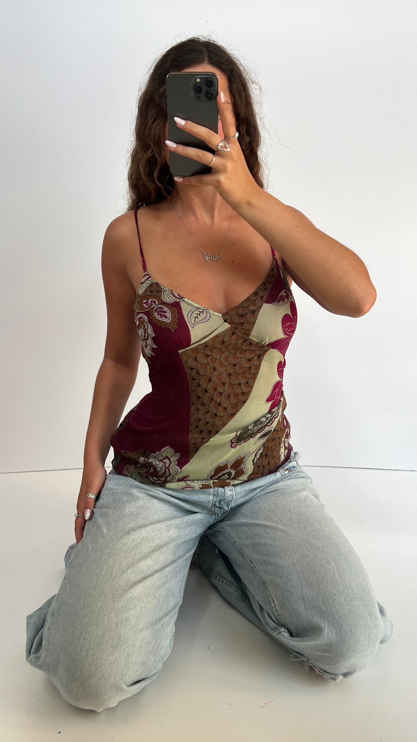 00s burgundy mesh floral cami- size M