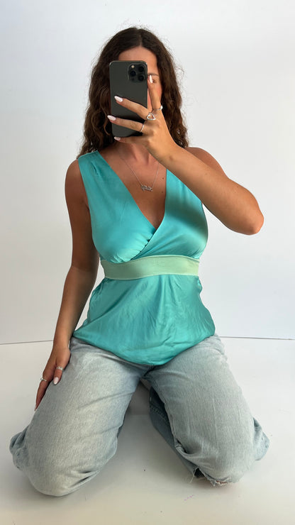 00s blue silk babydoll top- size XL