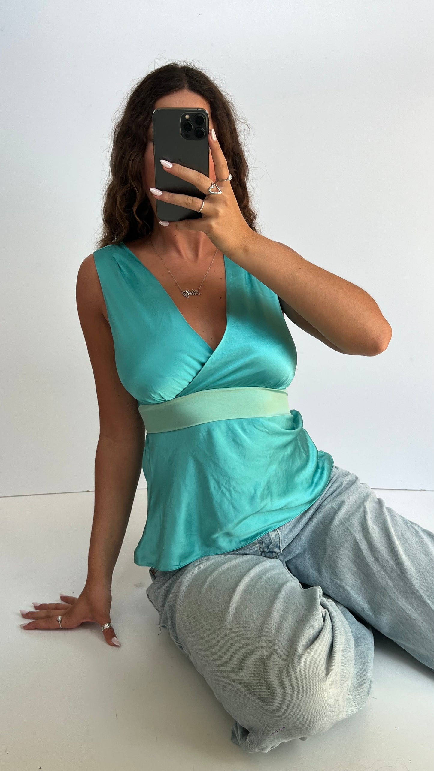 00s blue silk babydoll top- size XL