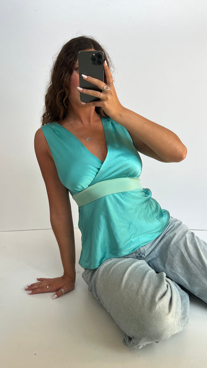 00s blue silk babydoll top- size XL