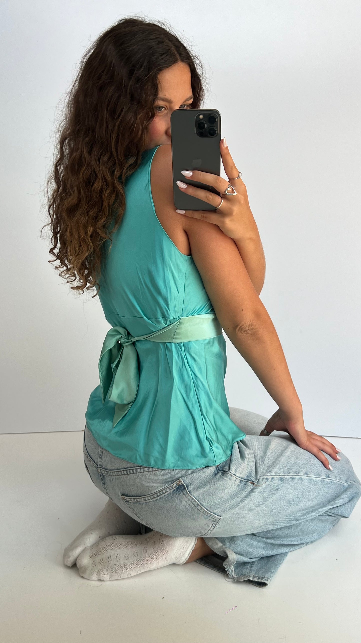 00s blue silk babydoll top- size XL